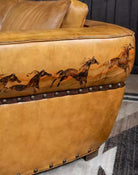 American made Duncan Mustang Tan Leather Couch with hand painted Mustang horses - Your Western Decor