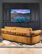 American made Duncan Mustang Tan Leather Couch with hand painted Mustang horses - Your Western Decor