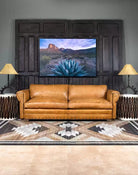 American made Duncan Mustang Tan Leather Couch with hand painted Mustang horses - Your Western Decor