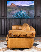 American made Duncan Mustang Tan Leather Couch with hand painted Mustang horses - Your Western Decor