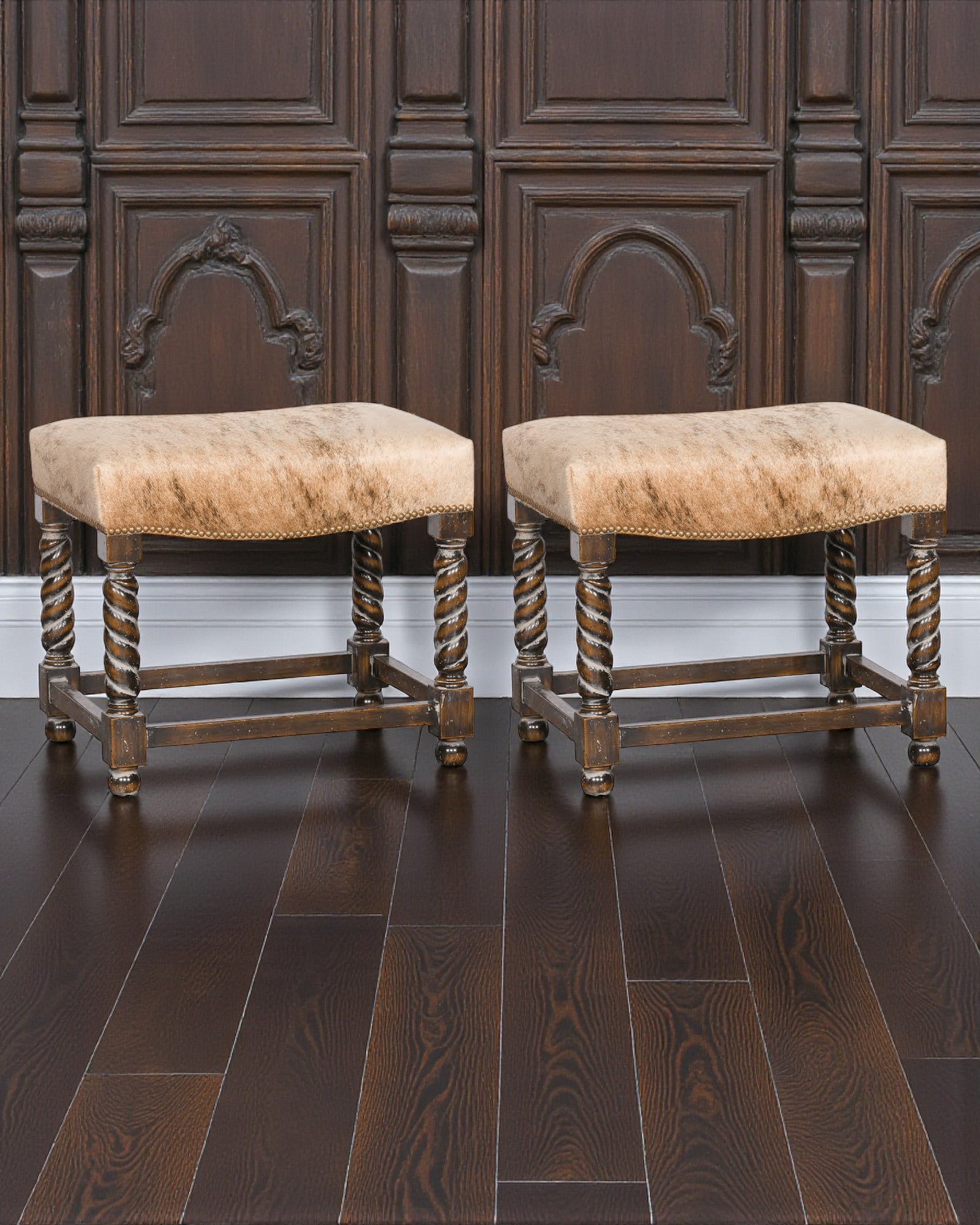 Two  Eastwood brindle cowhide upholstered ottoman / stools made in the USA - Your Western Decor