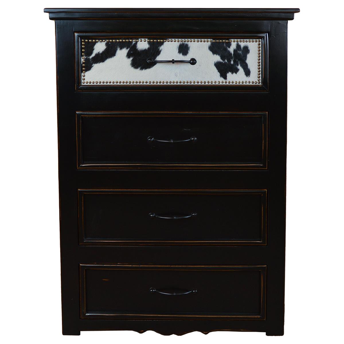 Distressed ebony finished chest of drawers with black and white cowhide on the top drawer - Your Western Decor