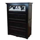 Distressed ebony finished chest of drawers with black and white cowhide on the top drawer - Your Western Decor