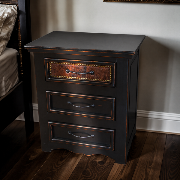Dark Brindle Cowhide Nightstand | Western Ranch Bedroom Furniture