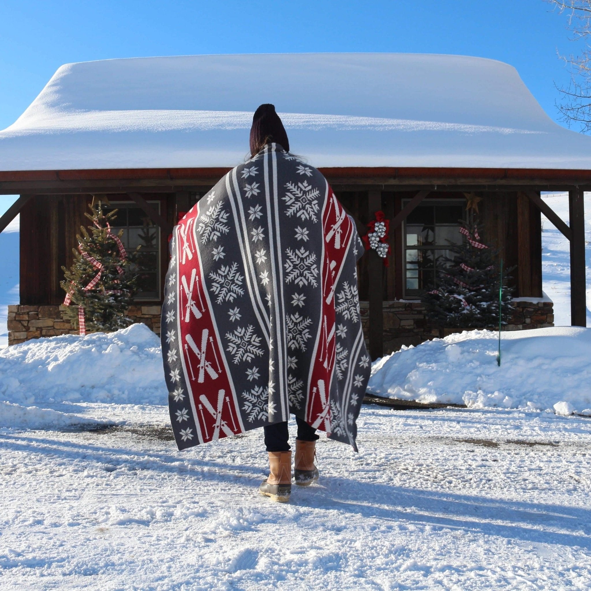 Eco Aspen Winter Throw Blanket with snowflakes and skis. Red, grey, white. Made in the USA. Your Western Deco