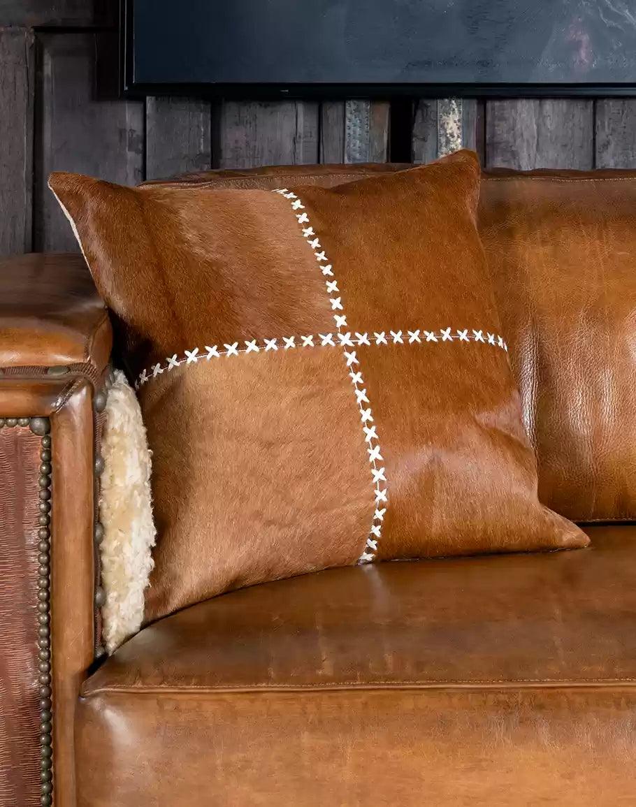 Elegant Cowhide Stitch Pillow in Brown Hide - Your Western Decor