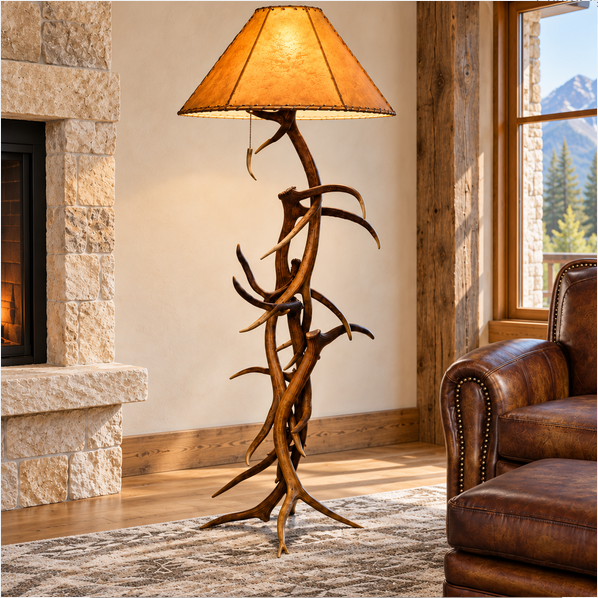Genuine elk antler floor lamp with genuine buckskin colored rawhide lamp shade