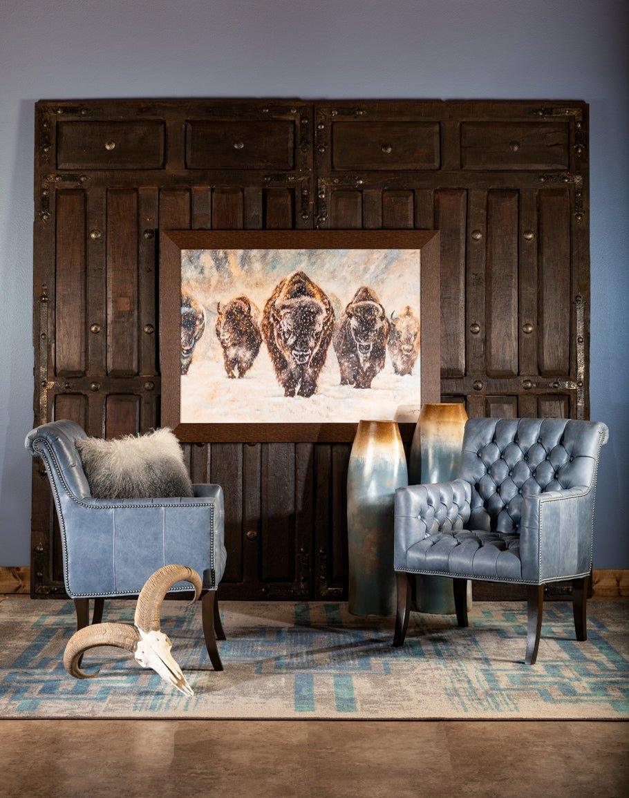 Slate leather tufted accent chairs with Distressed Bounty Glacier Southwestern Rug both made in the USA - Your Western Decor