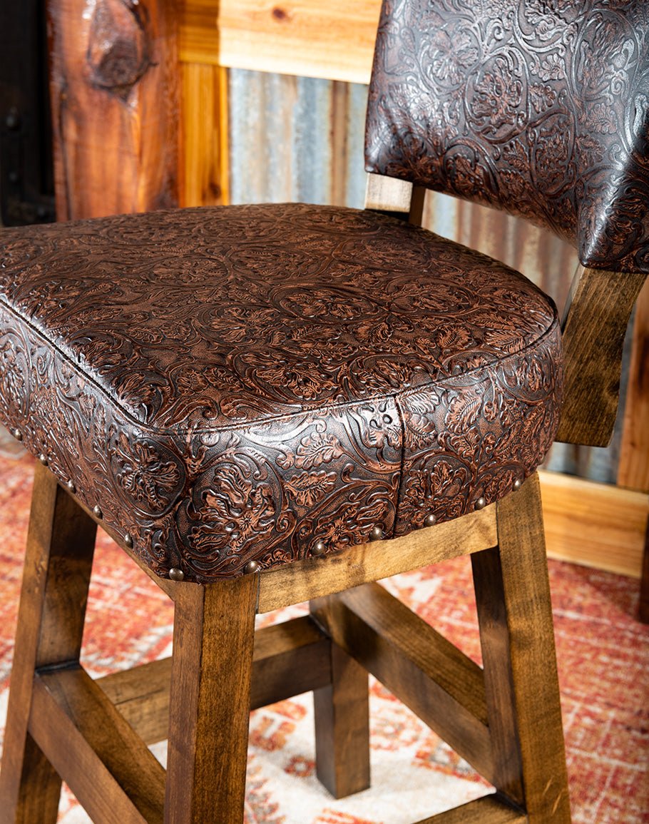 Embossed brown leather bar chair seat back - American made bar chairs - Your Western Decor