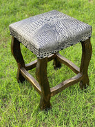 western bar stool with croc embossed leather seat and rustic wood frame