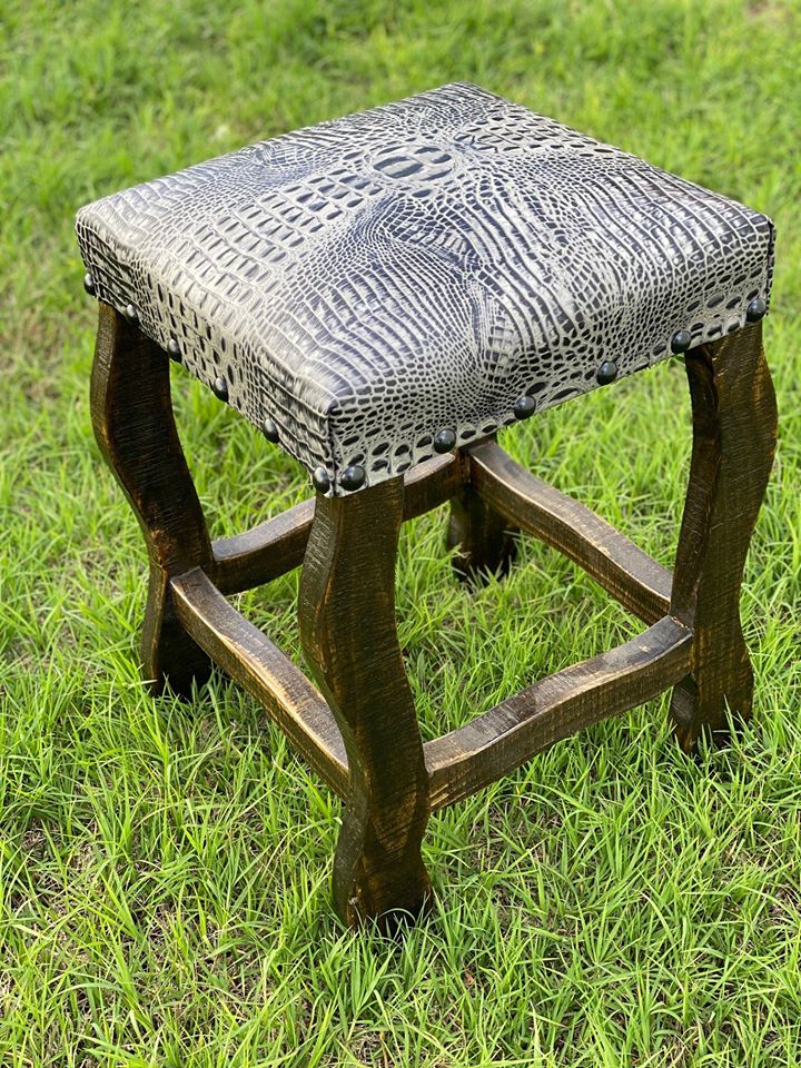 western bar stool with croc embossed leather seat and rustic wood frame