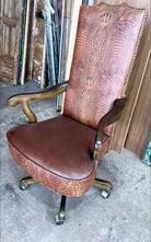 Luxury custom made executive office chair in smooth brown leather, croc embossed leather, and nail trim 