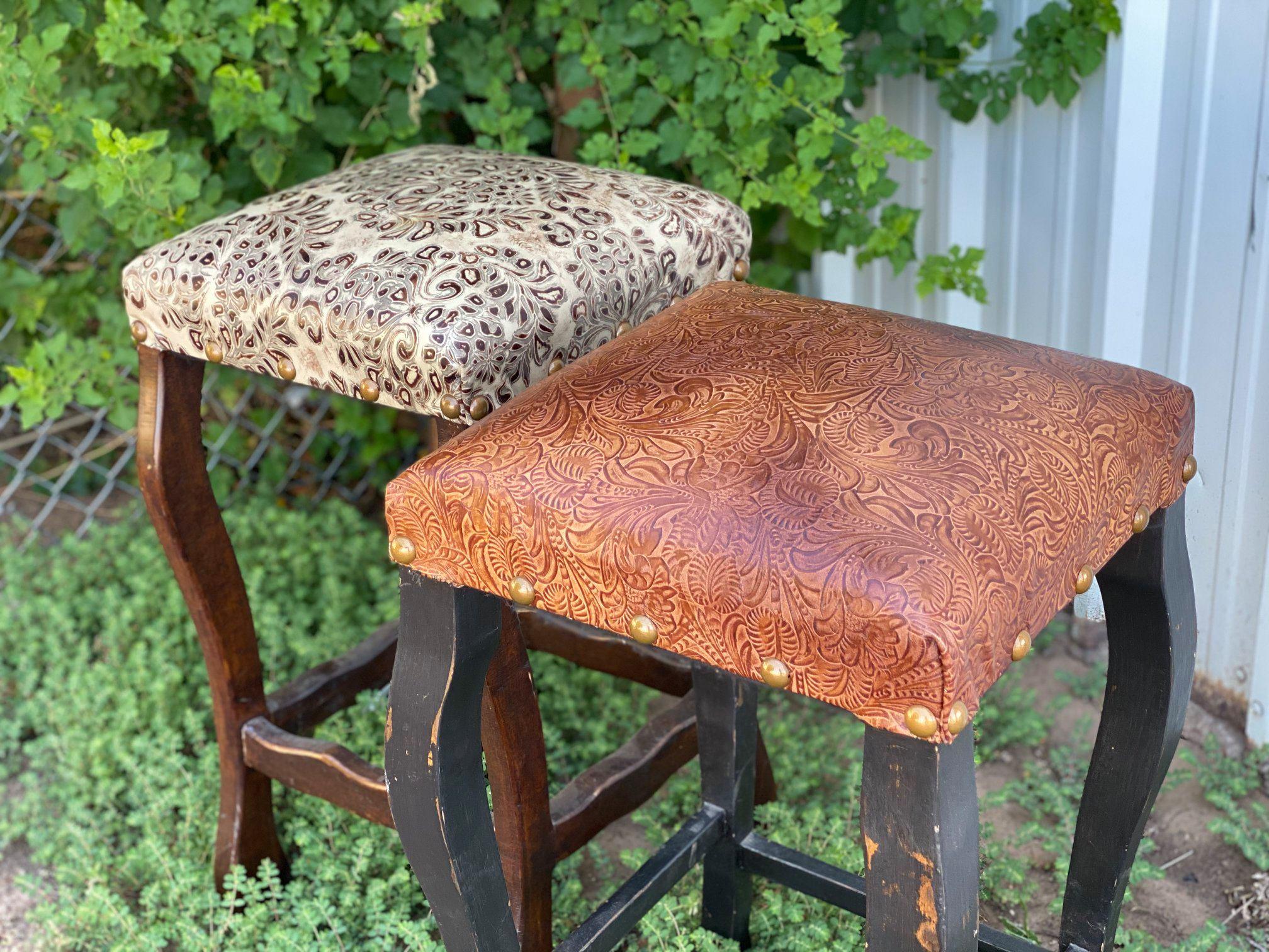 American made Western Style Embossed Leather Stools - Your Western Decor