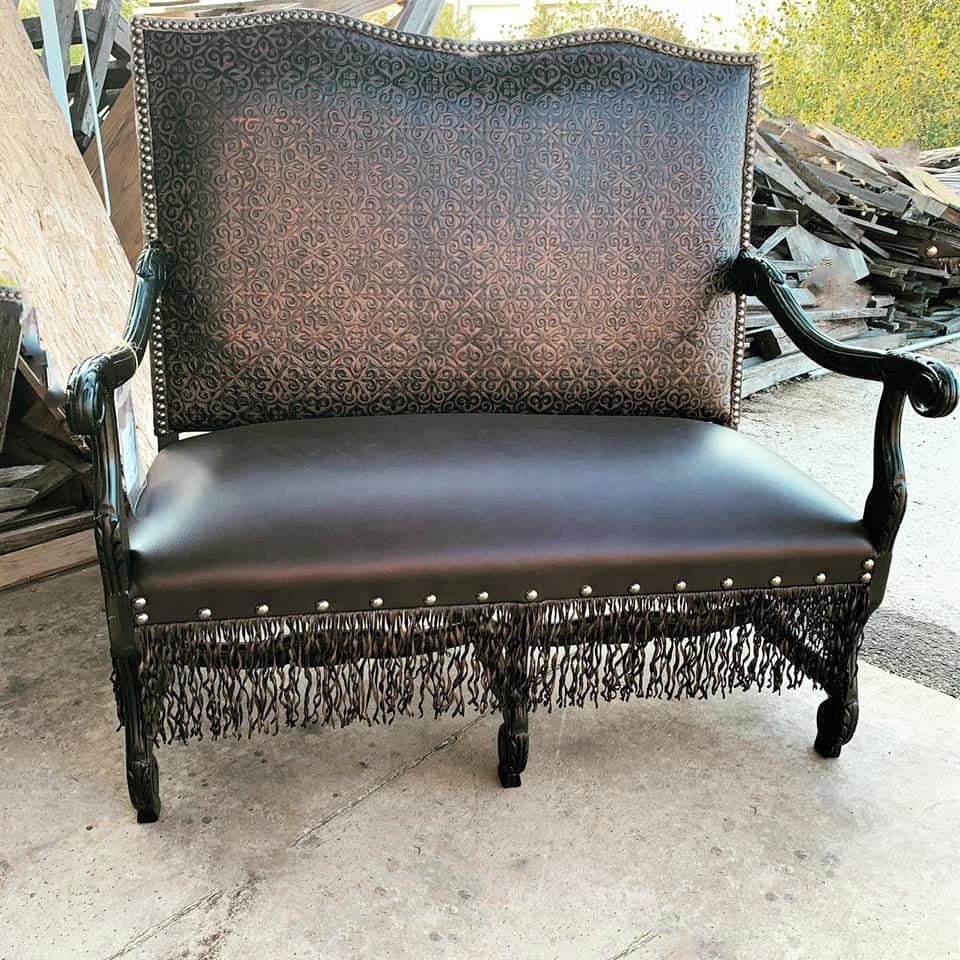 Luxury embossed leather and fringe settee made in the USA - Your Western Decor