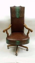 Smooth brown leather office chair with turquoise and brown croc embossed leather - Your Western Decor