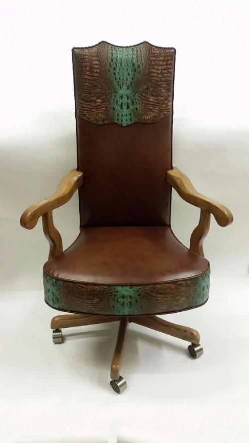 Smooth brown leather office chair with turquoise and brown croc embossed leather - Your Western Decor