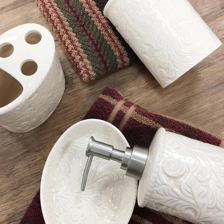 Off-white floral embossed ceramic 4-pc bath accessories set - Your Western Decor