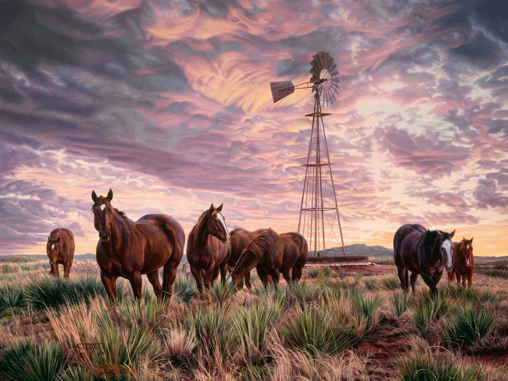 Limed edition End of Day horse art - horses on open range with windmill, cloudy skies and sun - Art by western artist Tim Cox - Your Western Decor