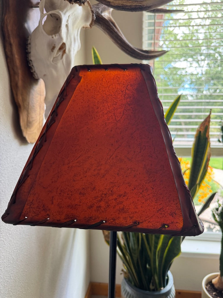 End view of rectangle amber rawhide lamp shade