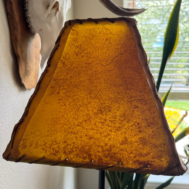 End view detail of rectangle rawhide lamp shade with natural viening 
