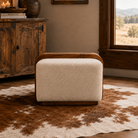 Luxury ranch living room featuring the Stella Bouclé Cocktail Ottoman with cream bouclé upholstery and warm mango wood accents.