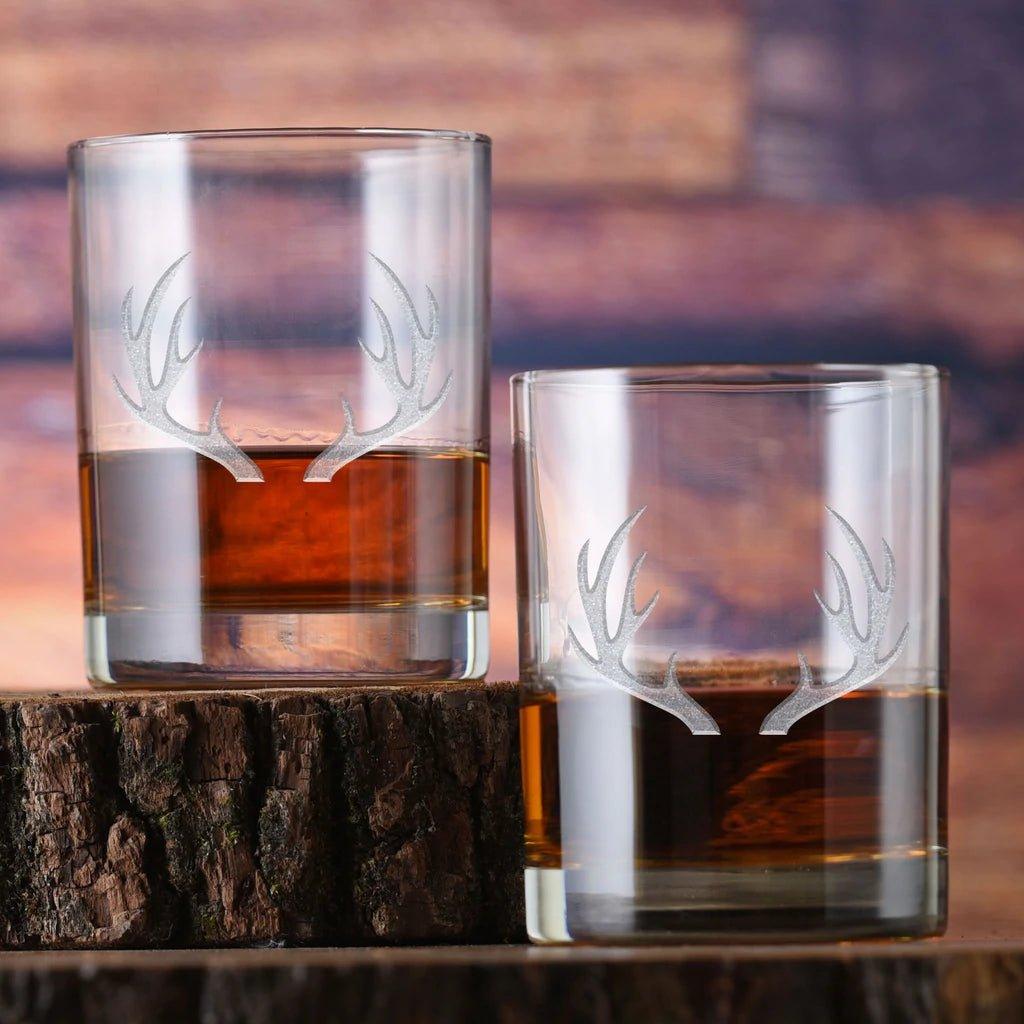 Deep sand carved antlers double old fashioned glasses made in the USA - Your Western Decor