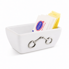 Sugar packet holder in white stoneware with pewter snaffle bit