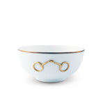 White bone china cereal bowl with pewter snaffle bit in gold with gold rim - Your Western Decor