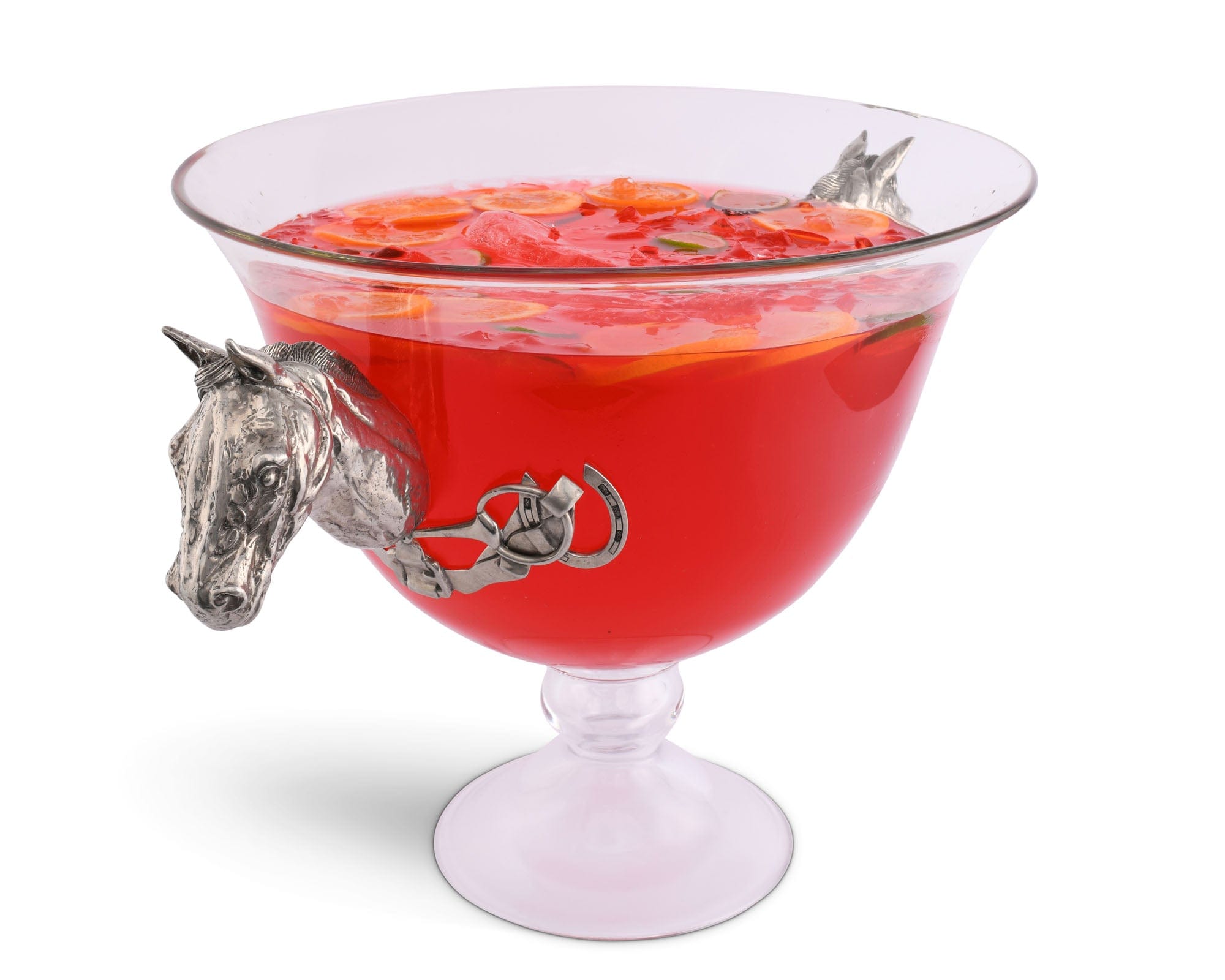 Horse Head Glass Ice Tub - Punch bowl - Detailed Pewter Horse Handles - Horse bit & horseshoes - Your Western Decor