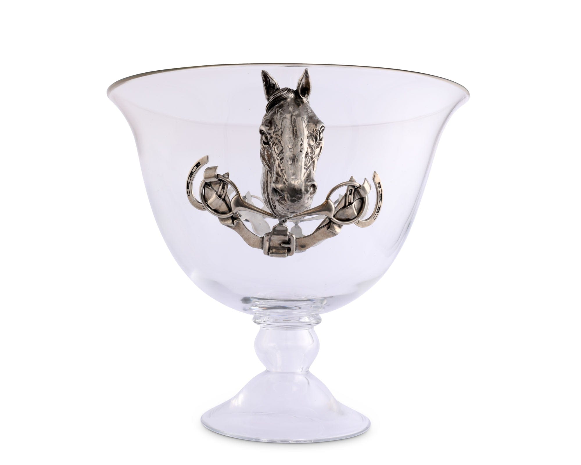 Horse Head Glass Ice Tub - Detailed Pewter Horse Handles - Horse bit & horseshoes - Your Western Decor