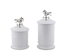 White stoneware canisters with pewter horse weathervane finial on lids - Your Western Decor 