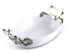 White stoneware serving dish with pewter horse tack handles - Your Western Decor