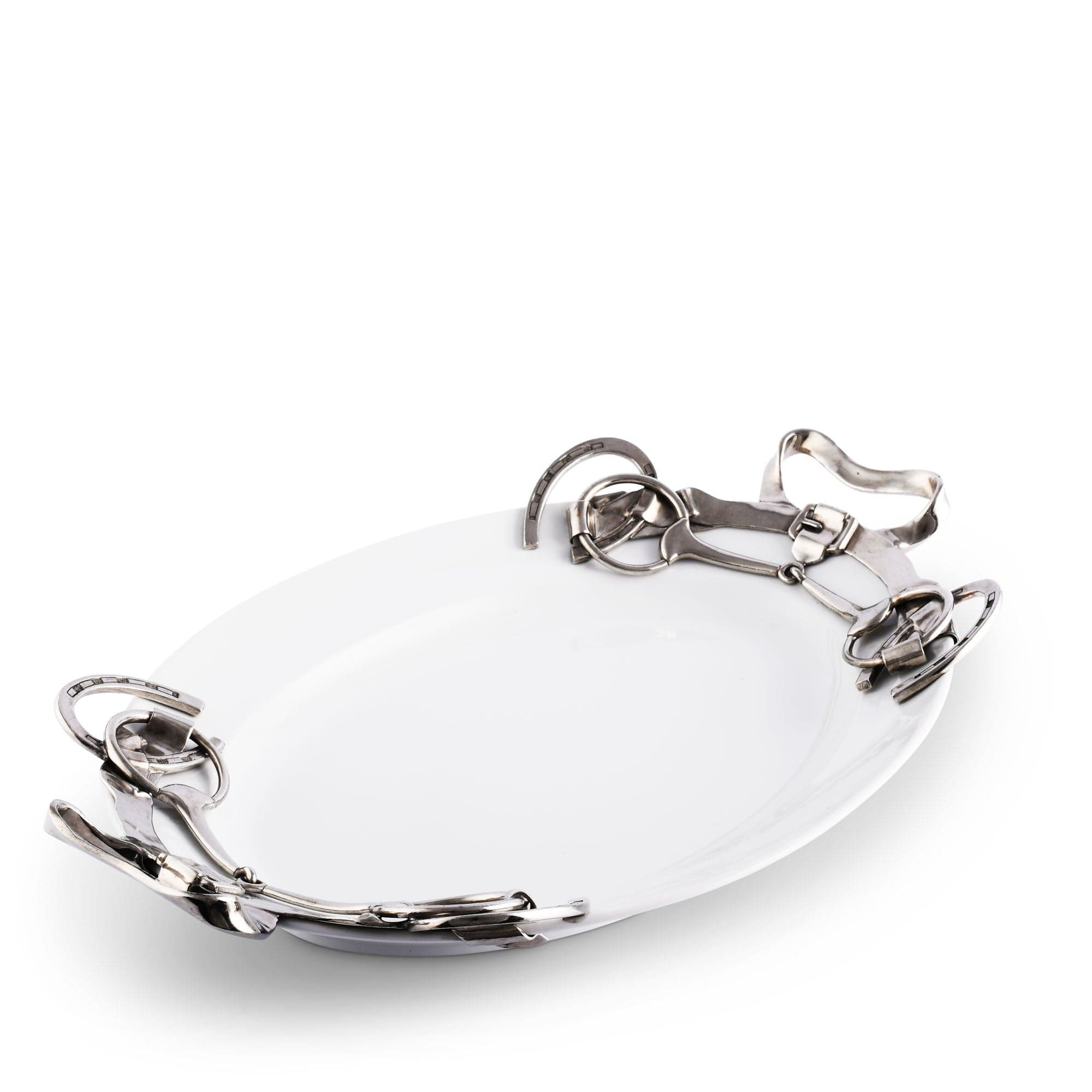 White glazed stoneware serving tray with pewter horse tack handles - Your Western Decor