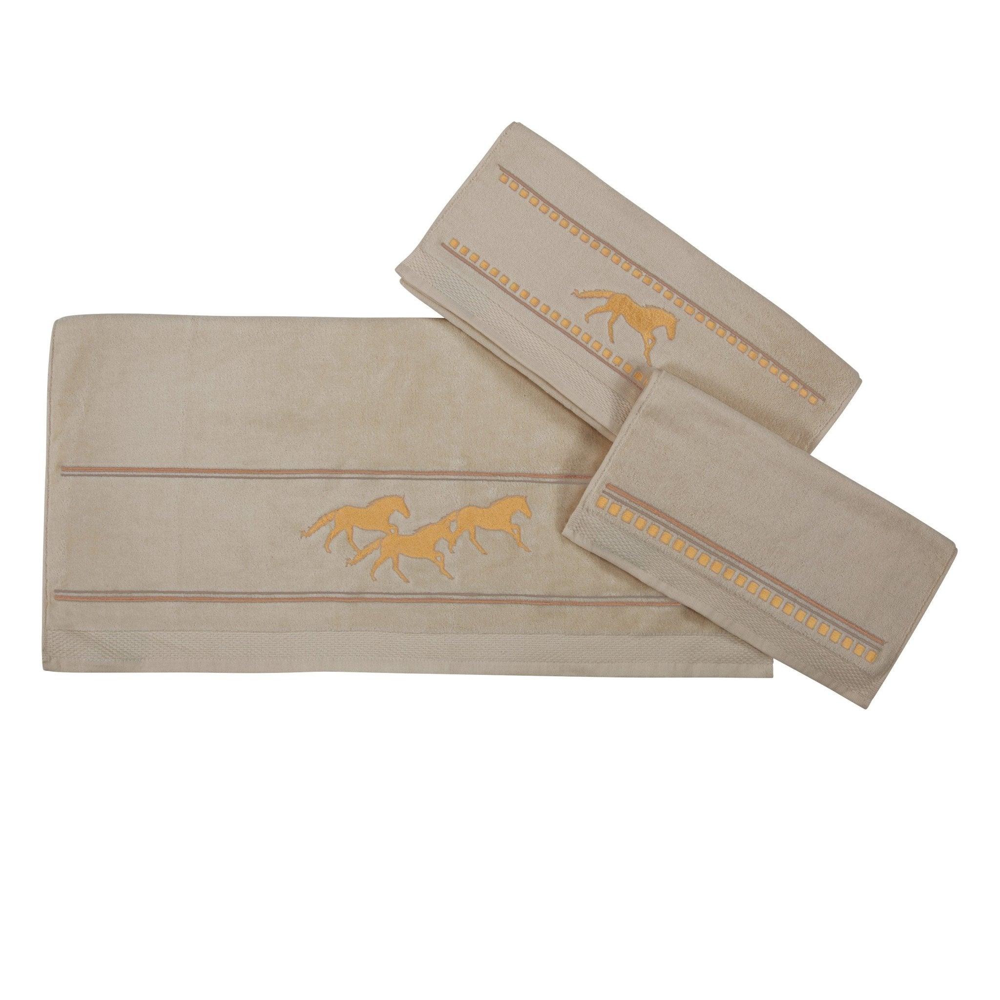 Equestrian Run Bathroom Towel Set in Natural Brown with golden horses - Your Western Decor