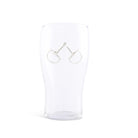 Clear beer glass with silver equestrian bit medallion on a white background