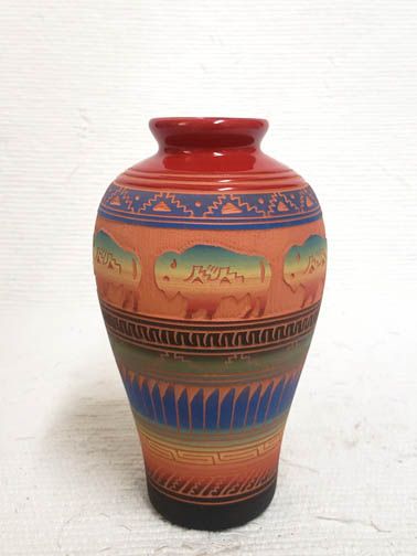 Buffalo Etched Red Clay Navajo Vase - Native American Decor - Your Western Decor