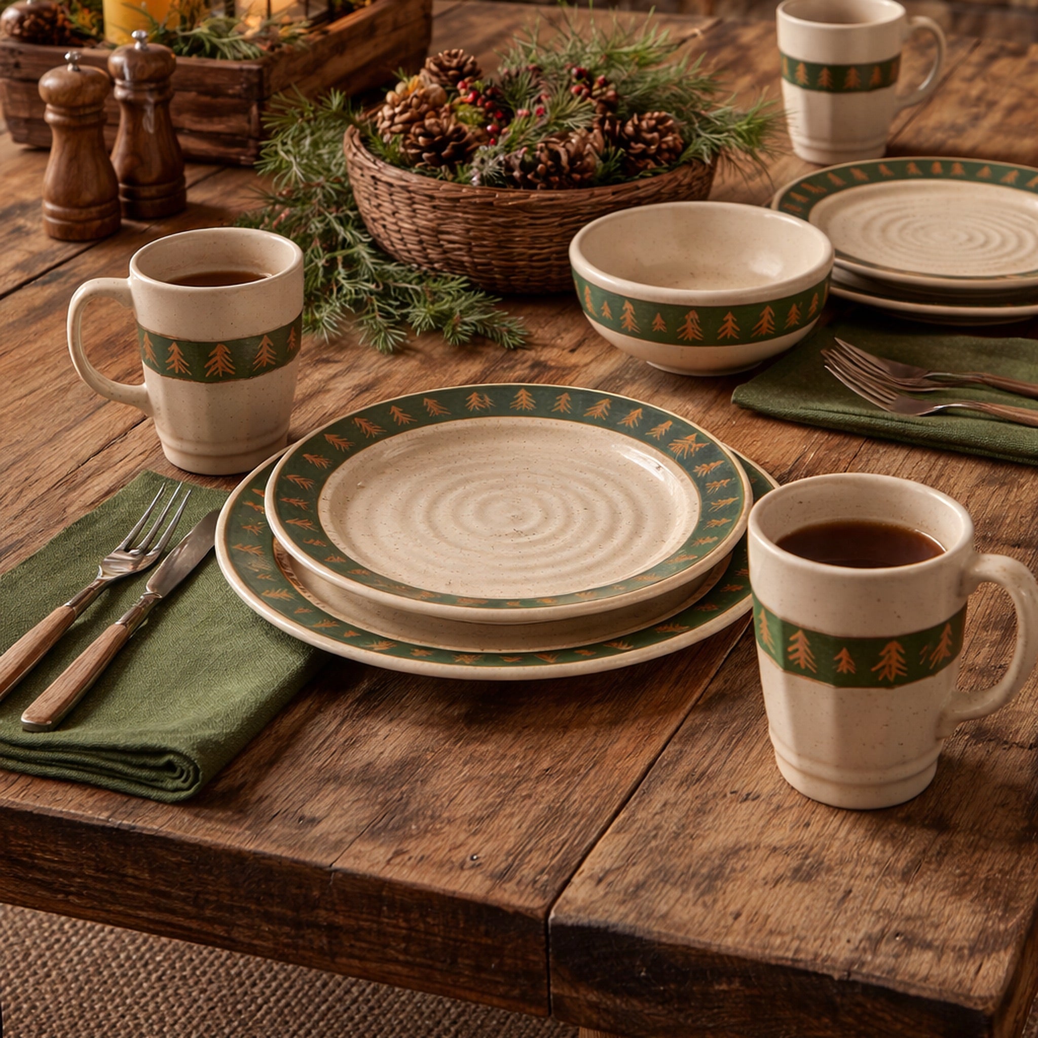 evergreen pines cabin dinnerware set rustic lodge stoneware plates bowls and mugs on wooden table