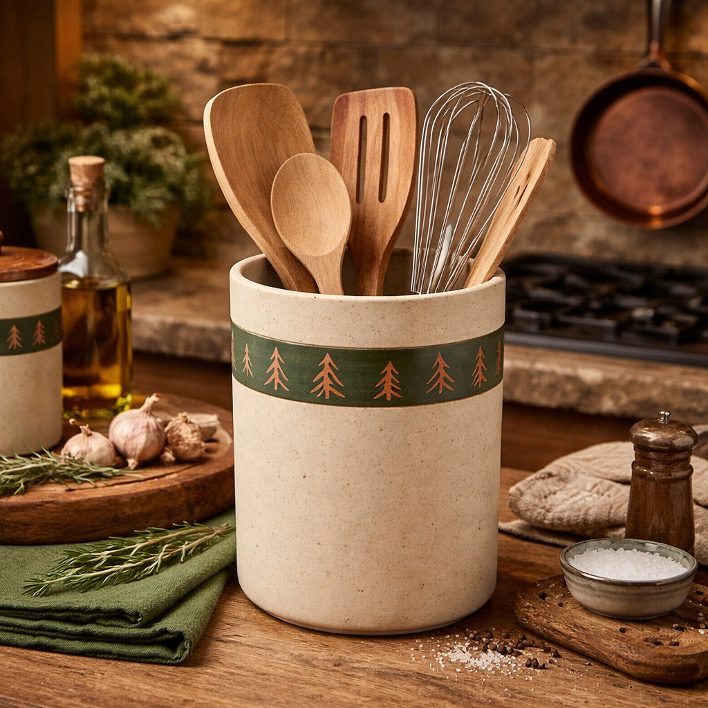 Evergreen Pines rustic stoneware utensil crock with pine tree design holding wooden cooking utensils on a lodge style kitchen countertop.
