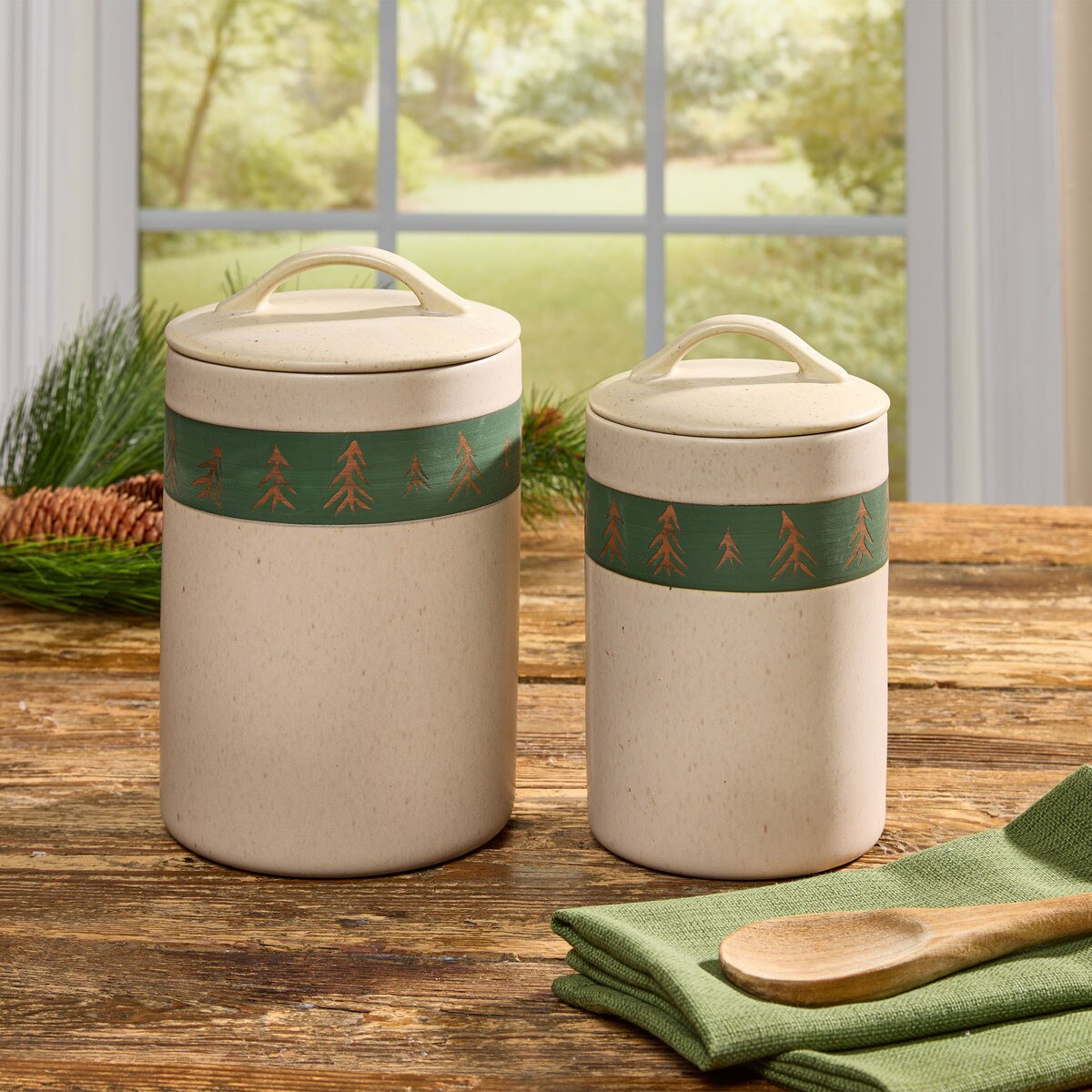 evergreen pines rustic lodge kitchen canisters with pine tree design cabin stoneware storage jars