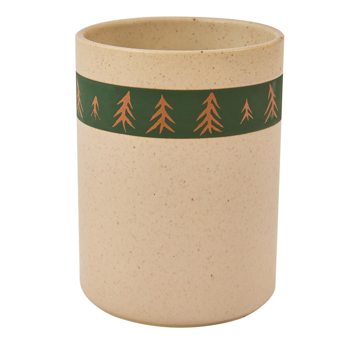 Pine tree themed stoneware utensil crock for cabin and lodge kitchens