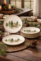 wild evergreen bread and butter plates set of 6 styled on rustic table with pinecones evergreen greenery and lodge cabin decor