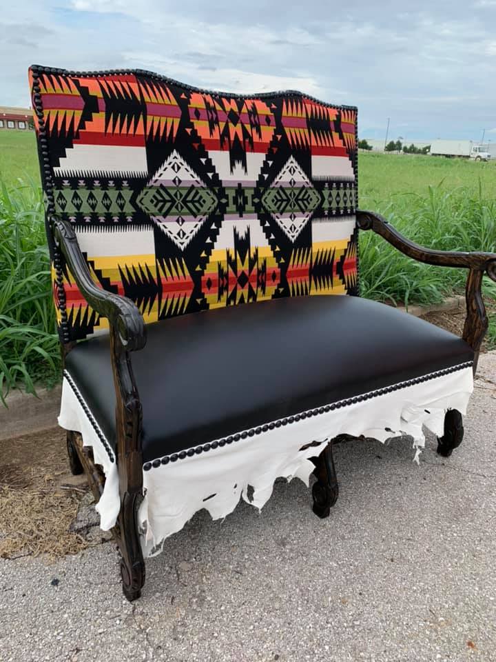 Kilim fabric and black leather upholstered love seat - Your Western Decor