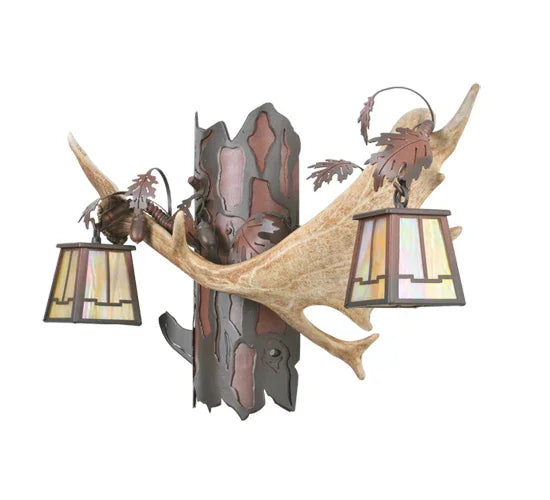 Decorative wall sconce with antlers and stained glass lights - Your Western Decor