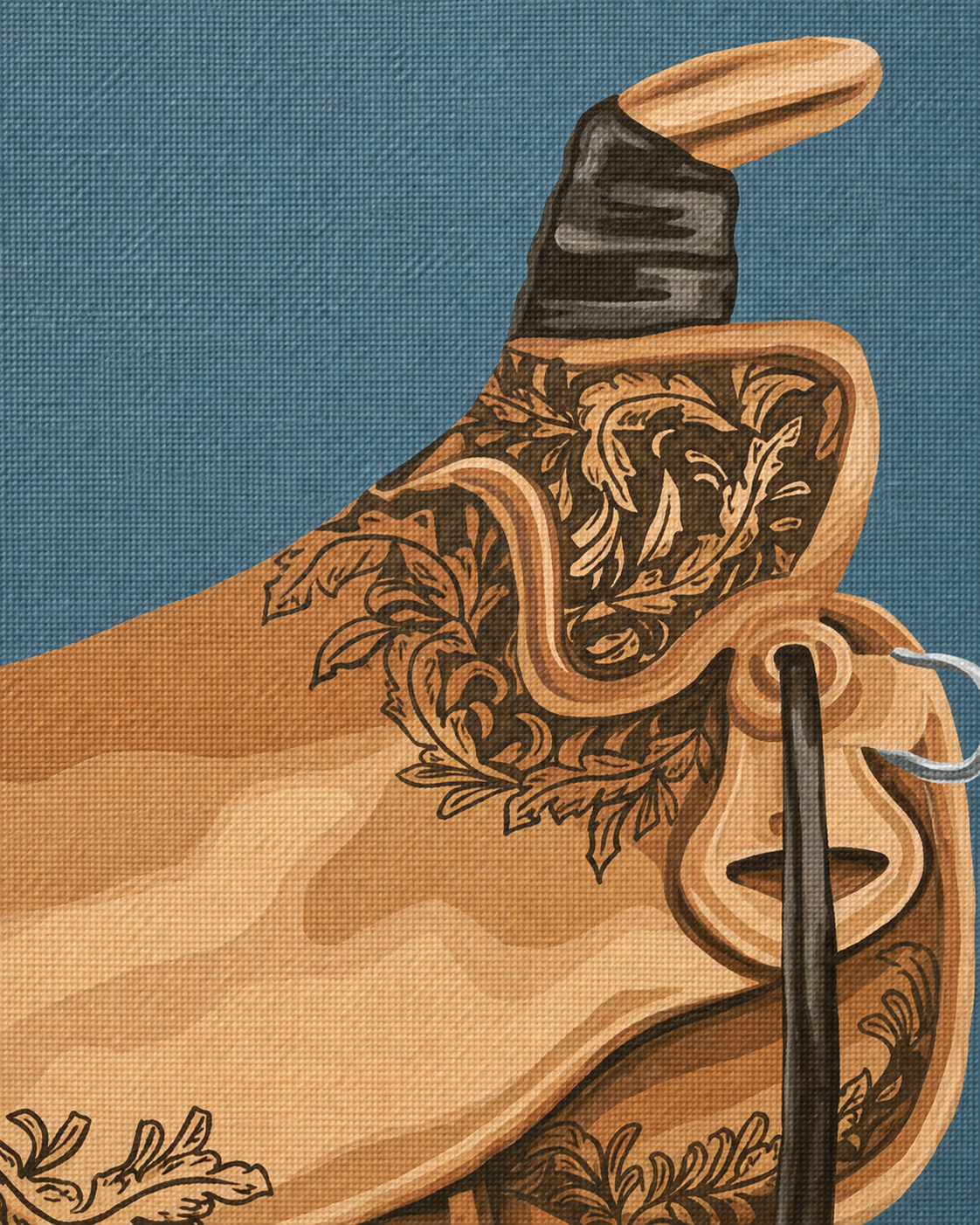 A close-up of a western leather saddle with ornate floral embroidery and a black leather strap, shown against a textured blue background.