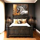 A large framed wall art piece featuring a detailed black and white horse head with a golden sunburst background, displayed above an ornate dark wood bed in a styled bedroom.