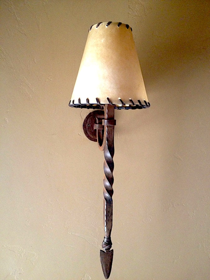 Southwestern iron wall sconce rawhide shade forged arrow rustic lodge lighting fixture