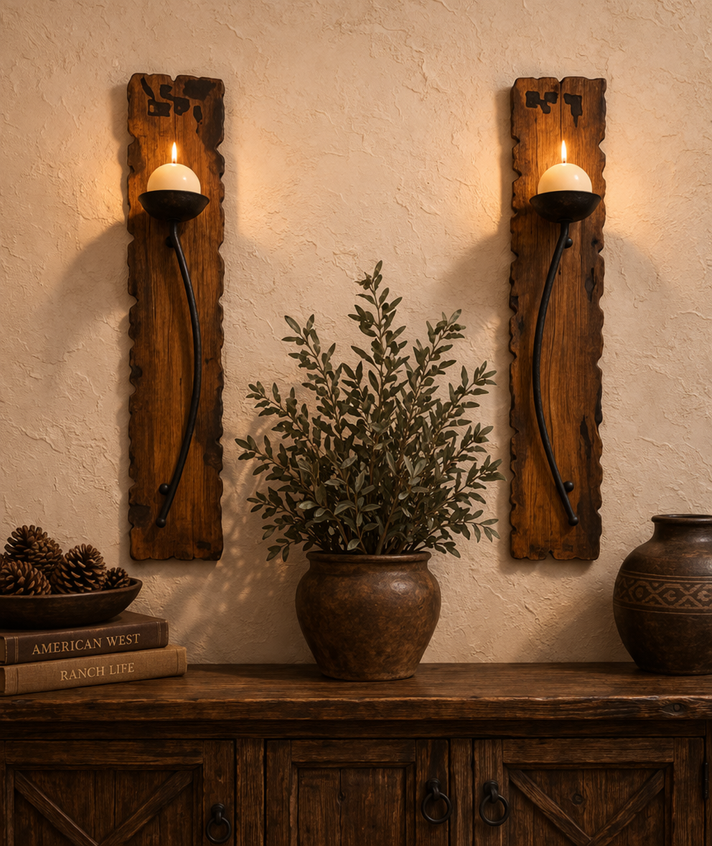 Rustic iron candle wall sconces left and right facing mounted on beige textured wall above wood sideboard with plant