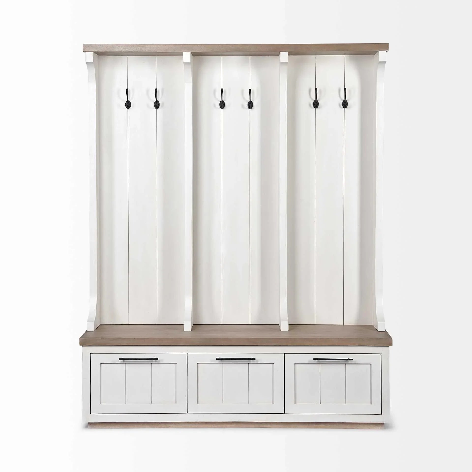 White and brown farmhouse hall tree with storage for mudroom organization