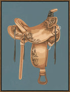 Tooled western saddle art on blue background - Your Western Decor