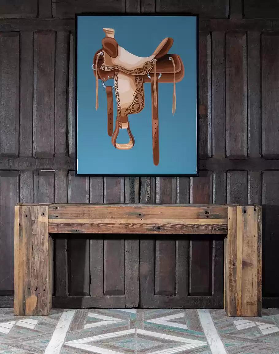 Western Saddle Framed Art - saddle against a blue background - Your Western Decor